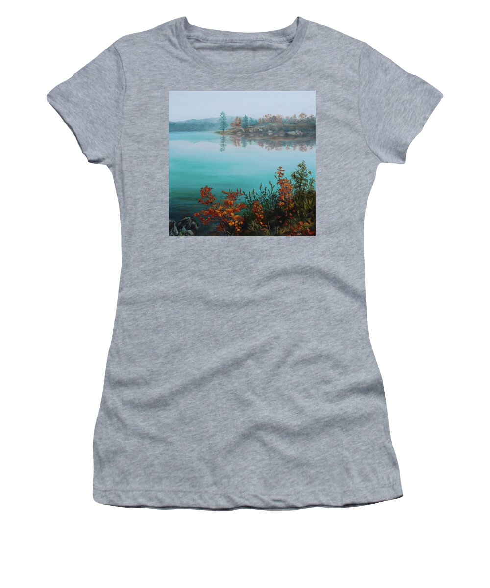 Fall Women's T-Shirt featuring the painting Mist on the Lake by Rebecca Hauschild