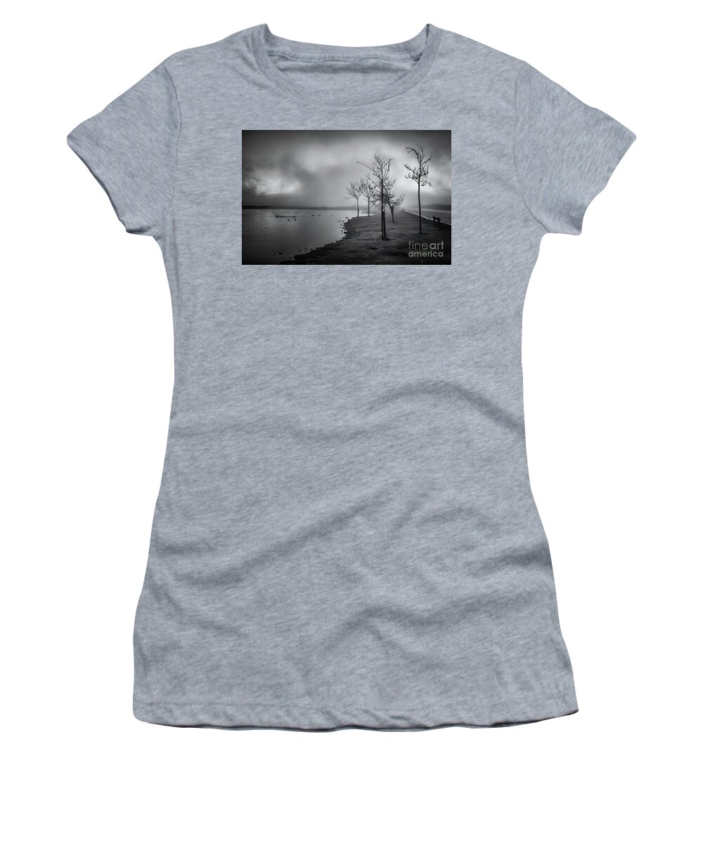 Dslr Women's T-Shirt featuring the photograph Mist over the tarn - monochrome by Mariusz Talarek