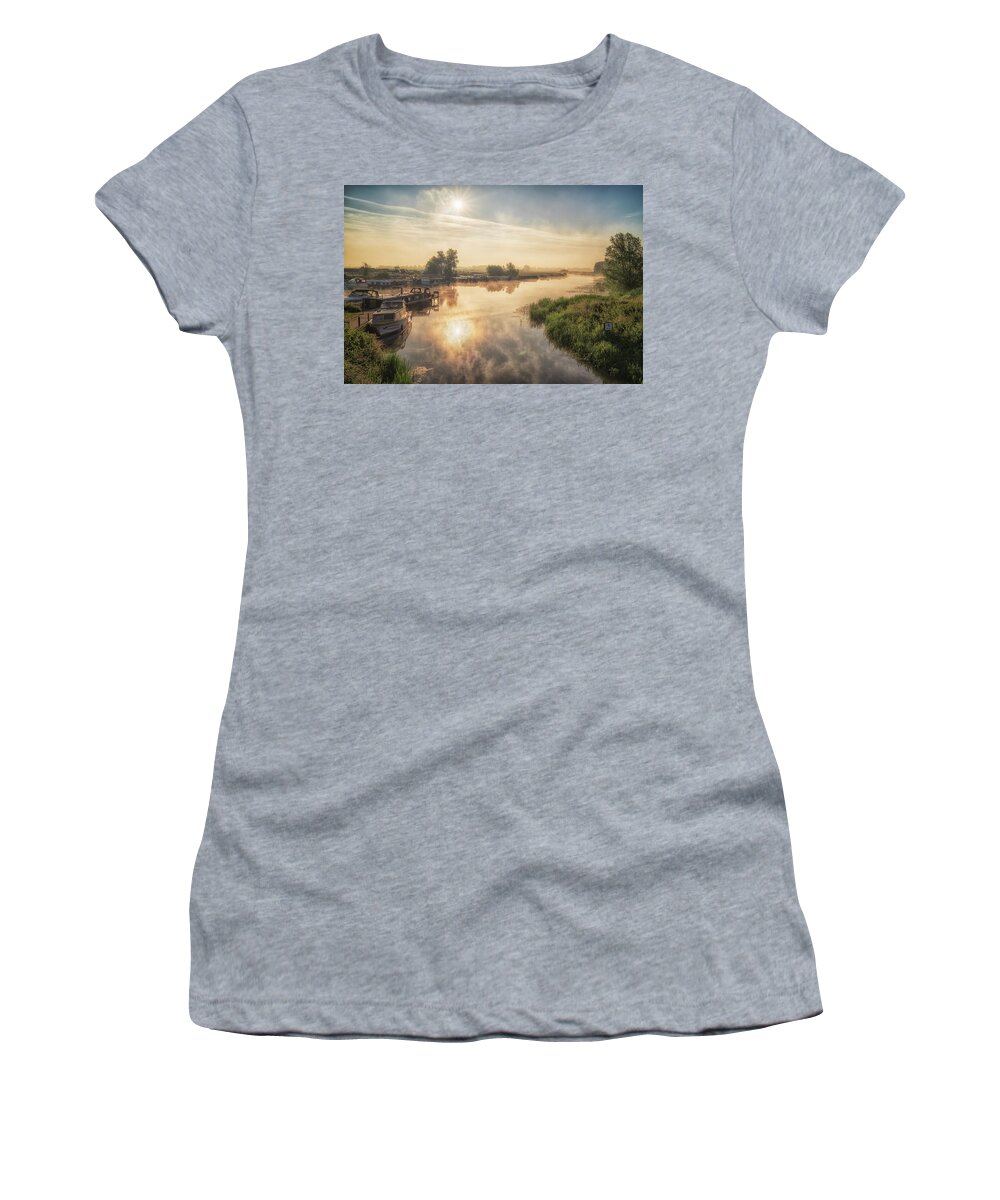 Boat Women's T-Shirt featuring the photograph Misty summer sunrise by James Billings