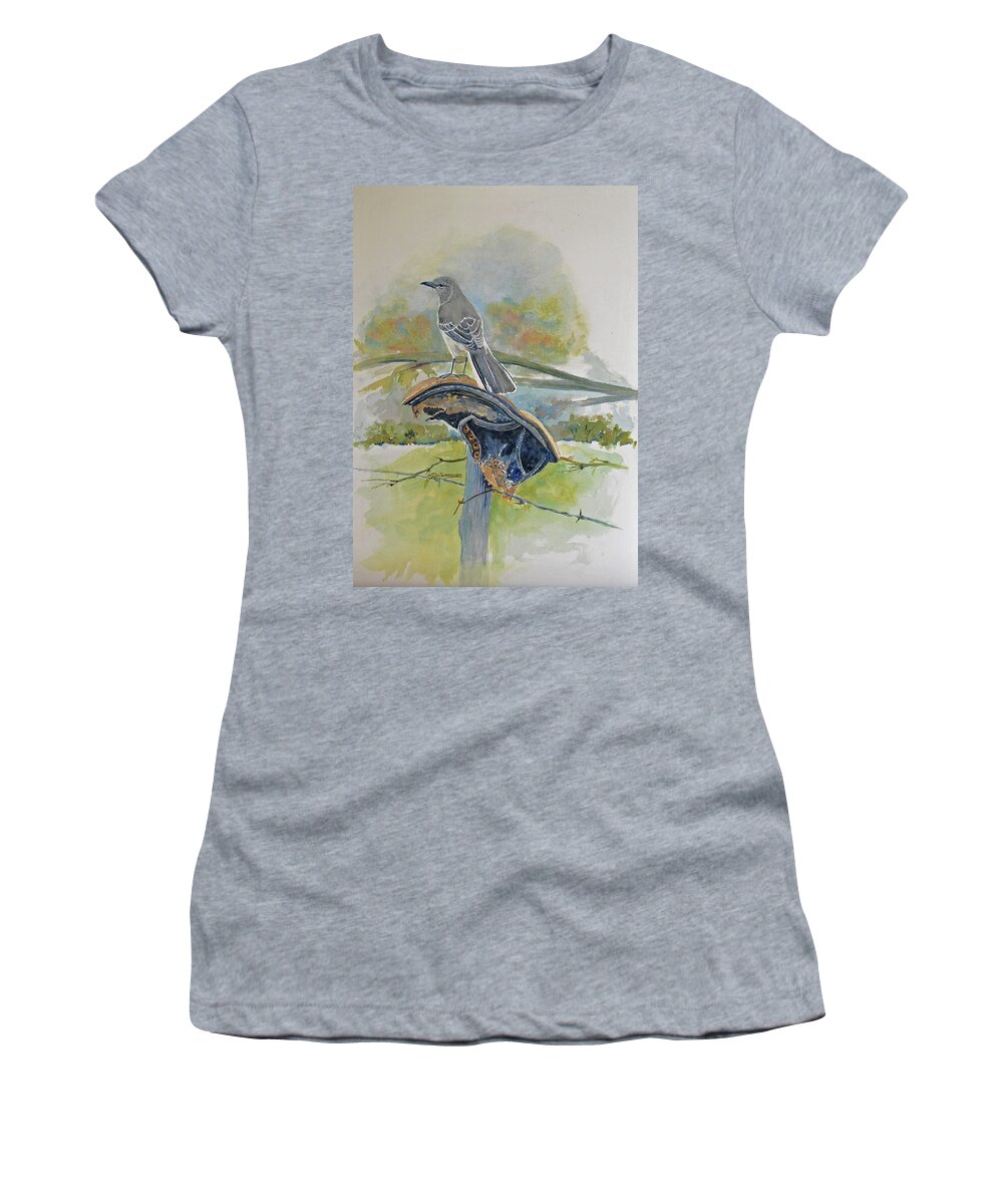 Realism Women's T-Shirt featuring the painting Mockingbird's Perch by E M Sutherland