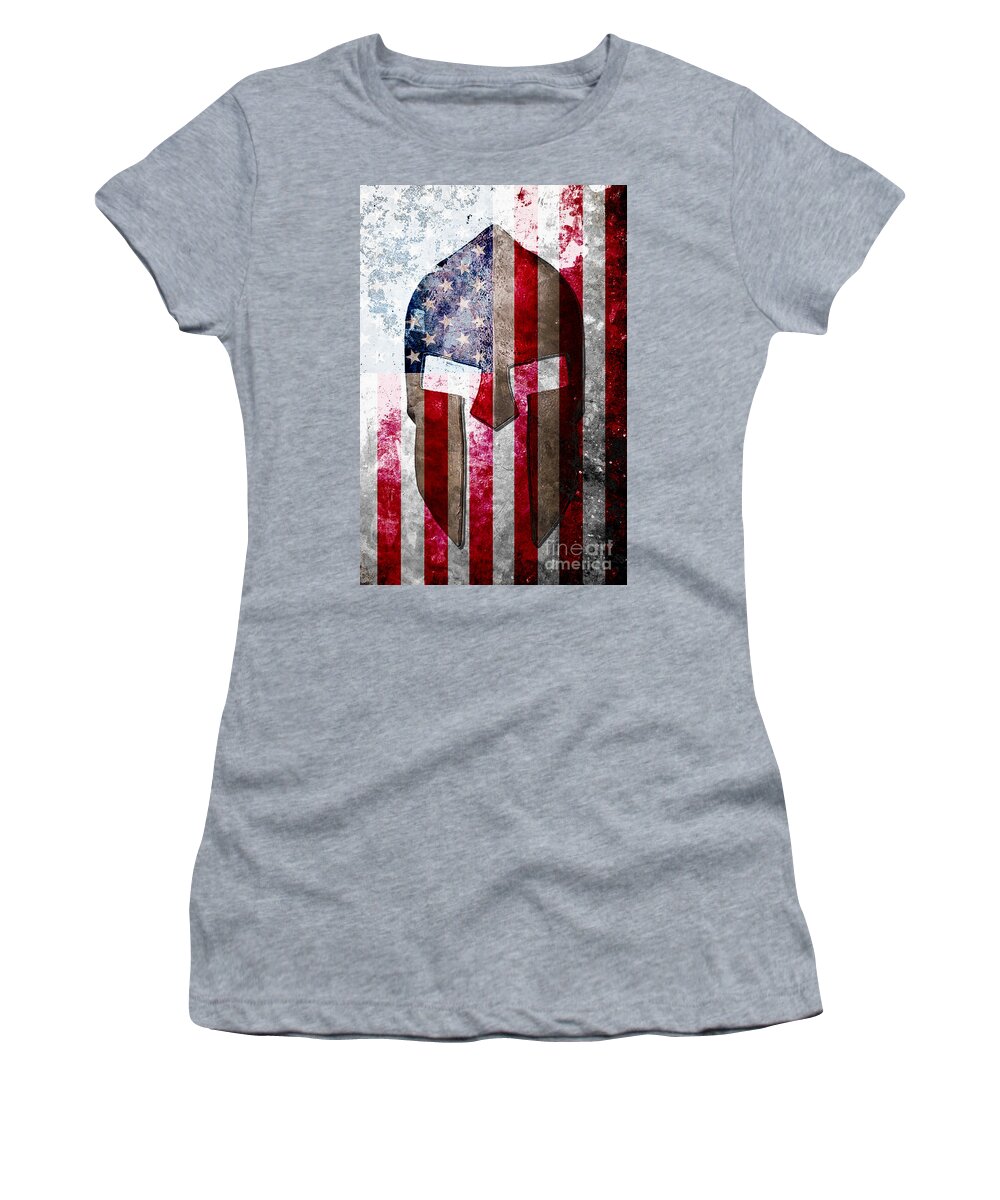 Gun Women's T-Shirt featuring the digital art Molon Labe - Spartan Helmet across an American Flag on Distressed Metal Sheet by M L C