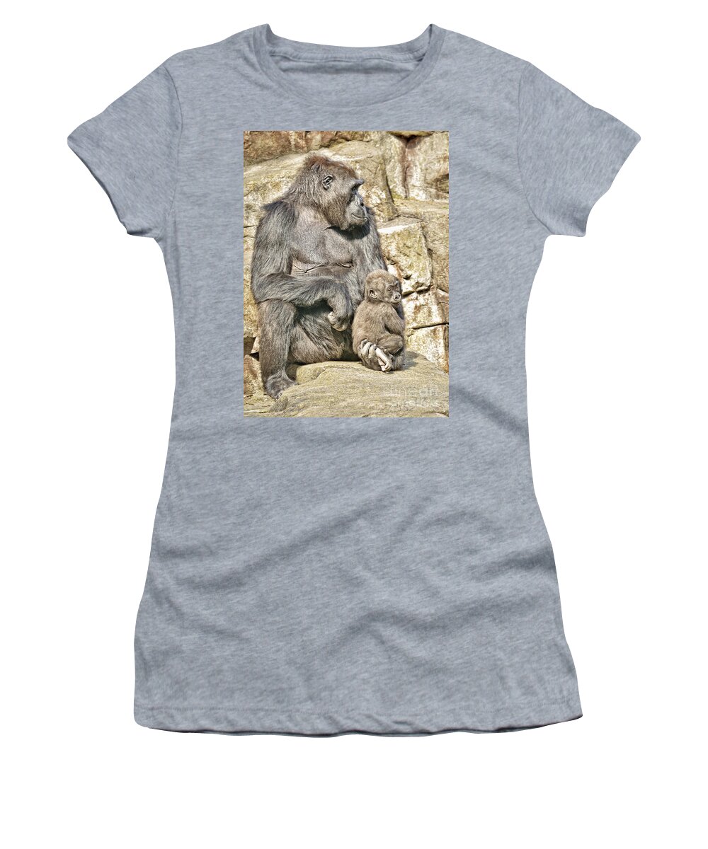 Jim Fitzpatrick Women's T-Shirt featuring the photograph Momma and Baby Gorilla by Jim Fitzpatrick