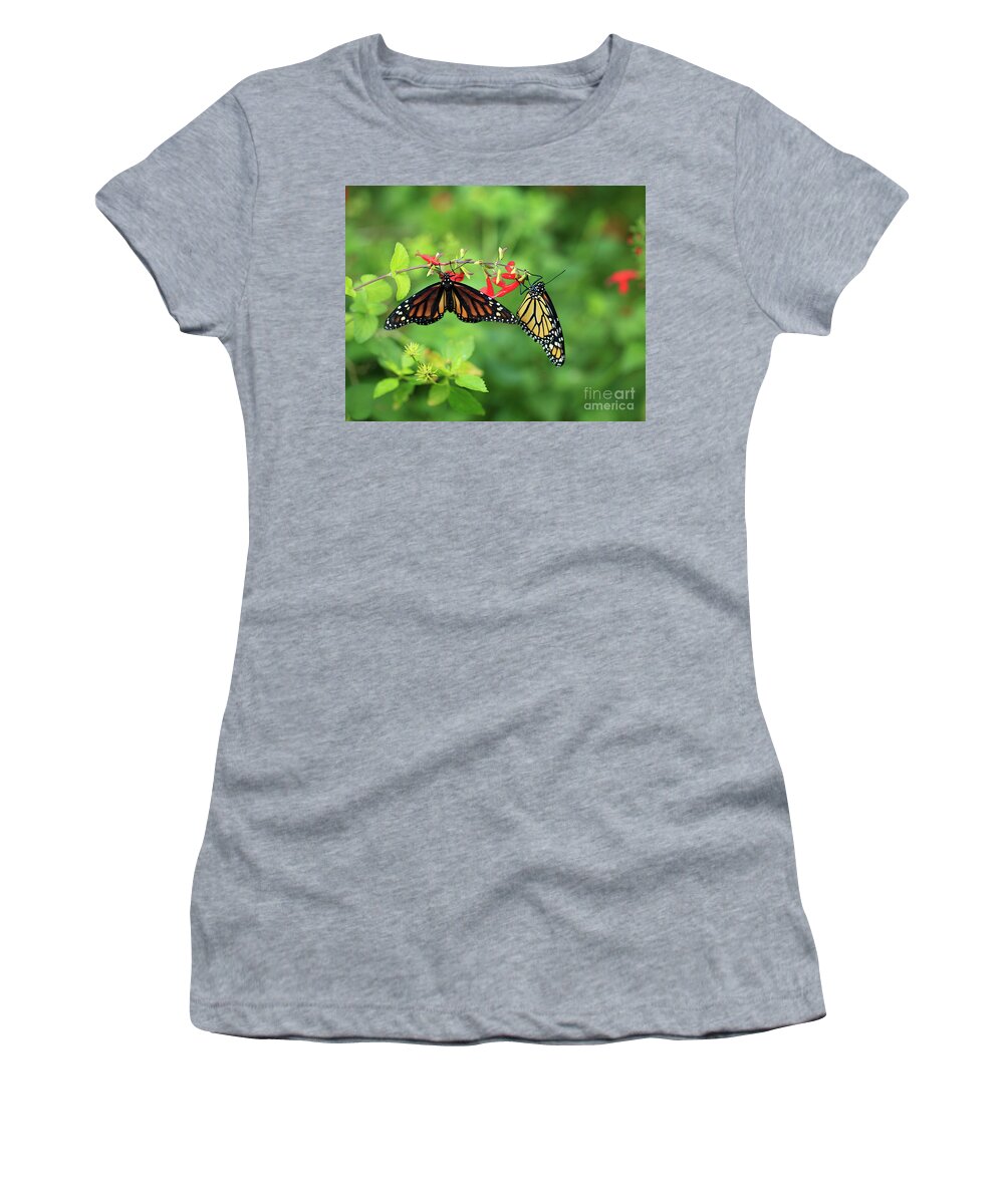 Monarch Butterflies Women's T-Shirt featuring the photograph Monarch Butterflies and Salvia Flowers by Luana K Perez