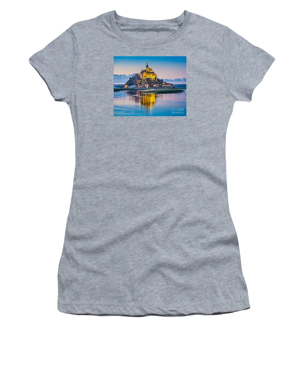 Saint Michael's Mount Women's T-Shirt featuring the photograph Mont Saint-Michel in twilight by JR Photography
