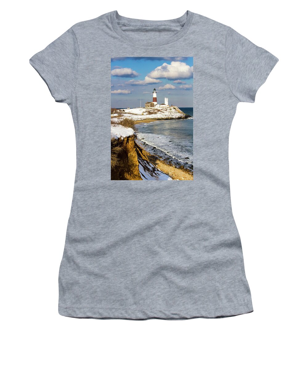 Montauk Women's T-Shirt featuring the photograph Montauk Lighthouse Winter Bluffs by Robert Seifert