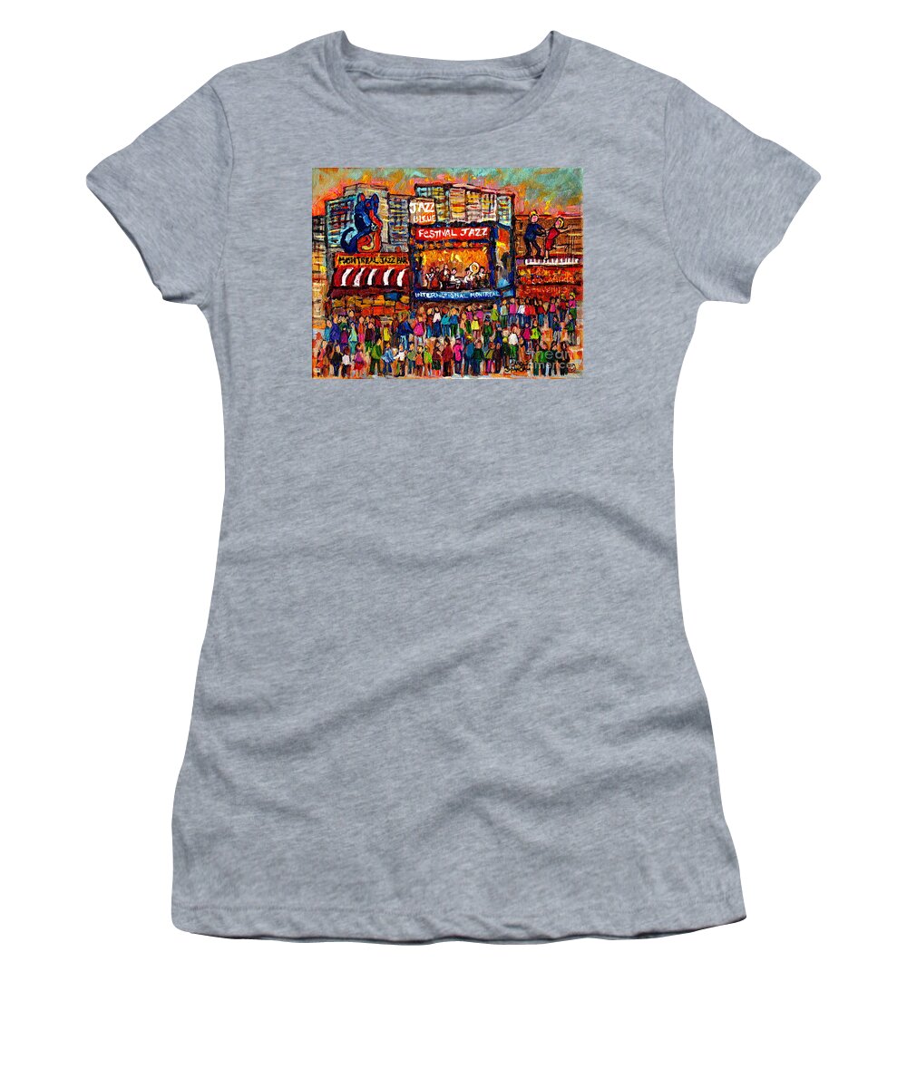 Montreal Women's T-Shirt featuring the painting Montreal International Jazz Festival Painting Live Jazz Band Outdoor Music Concert Scene C Spandau by Carole Spandau