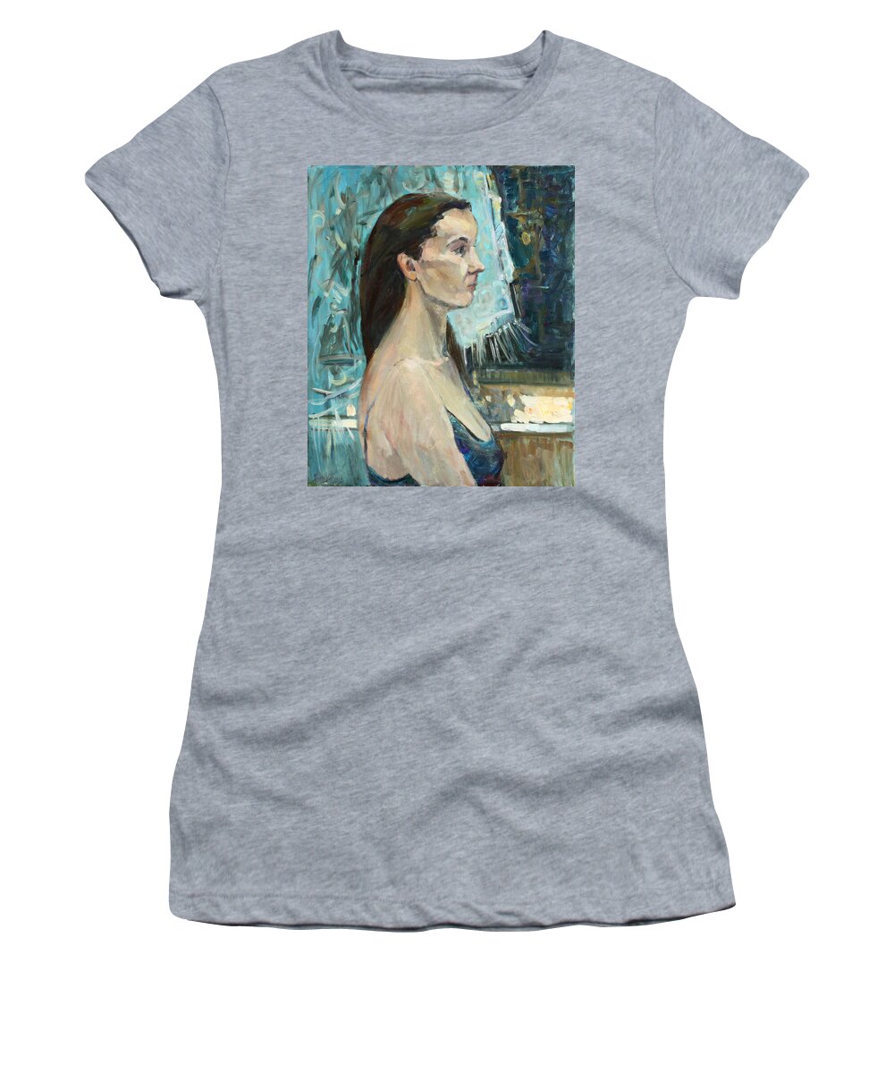 Portreit Women's T-Shirt featuring the painting Moon by Juliya Zhukova