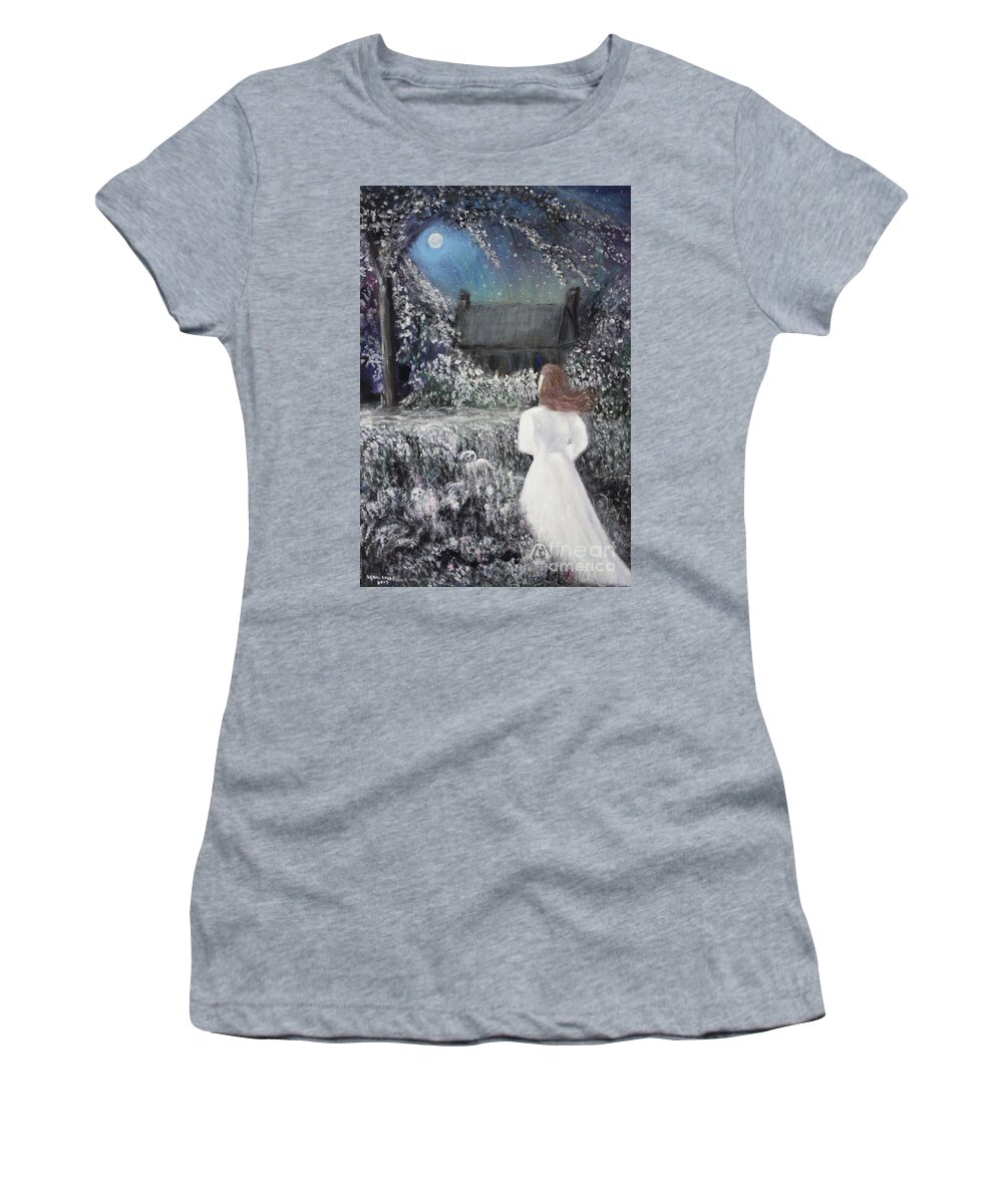 Landscape Women's T-Shirt featuring the painting Moonlight Garden by Lyric Lucas