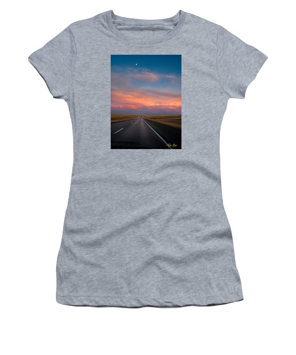 Atmosphere Women's T-Shirt featuring the photograph Moonrise and Sunset on I-90 by Rikk Flohr