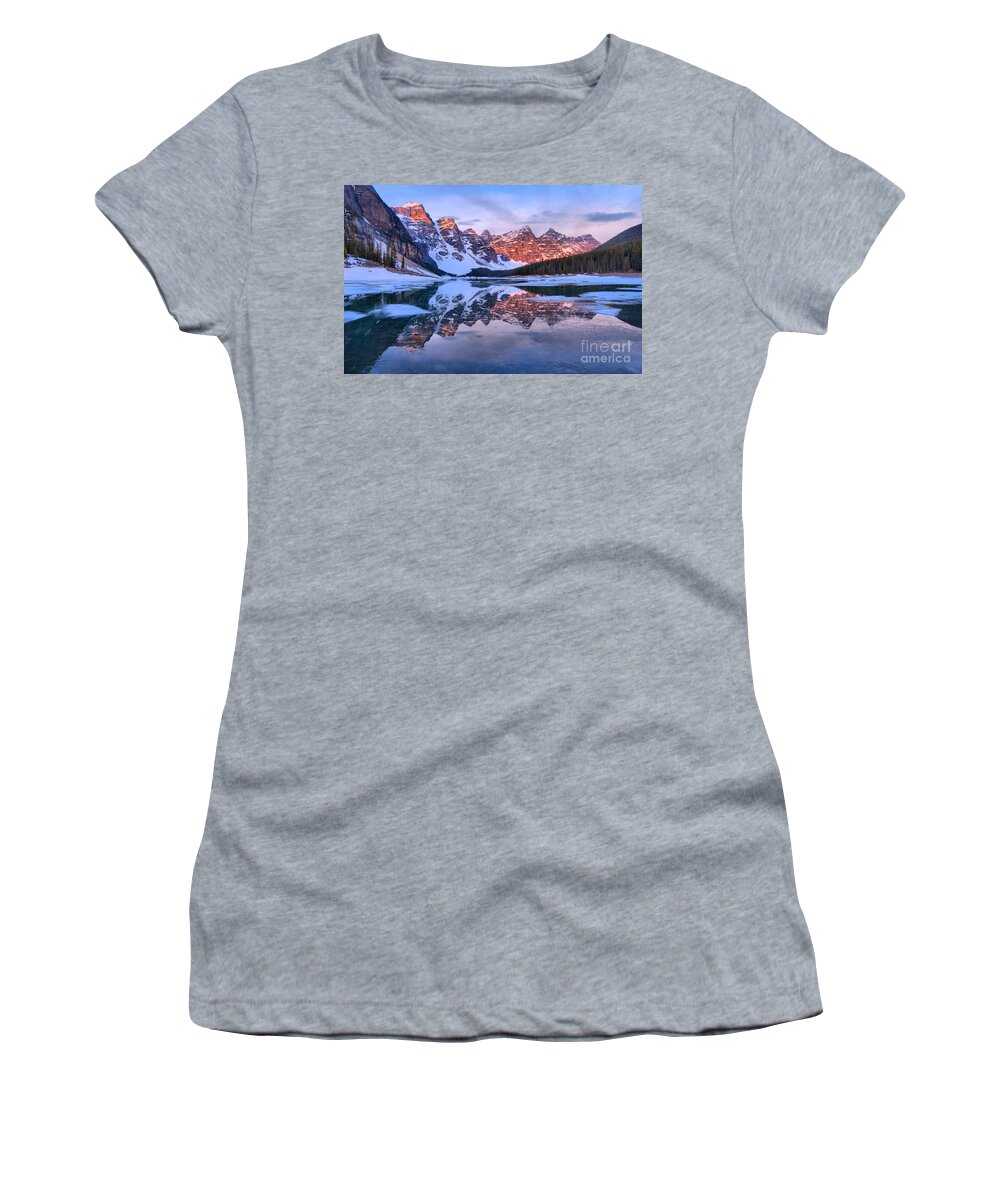 Moraine Lake Women's T-Shirt featuring the photograph Moraine Lake Spring Reflection Panorama by Adam Jewell