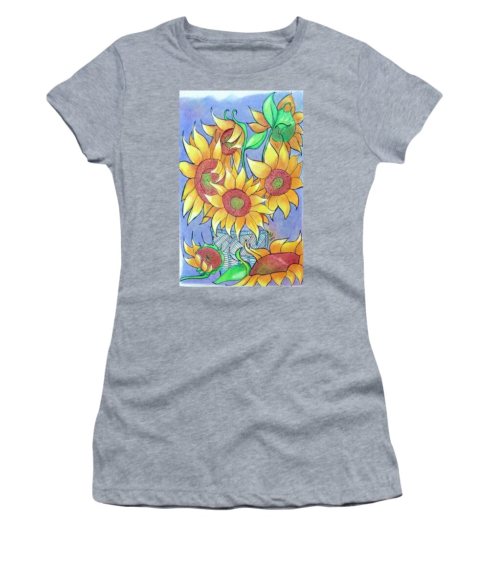 Sunflower Women's T-Shirt featuring the drawing More Sunflowers by Loretta Nash