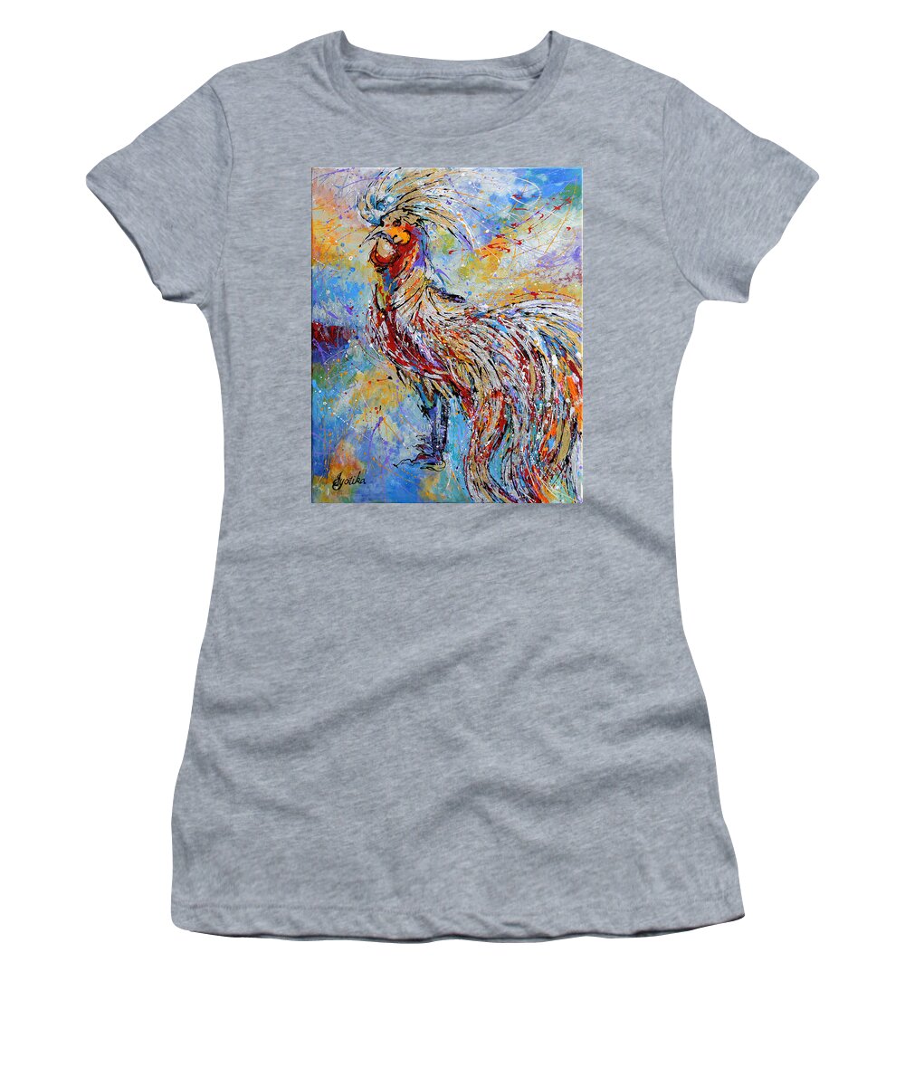 Long Tail Rooster Women's T-Shirt featuring the painting Morning Call by Jyotika Shroff