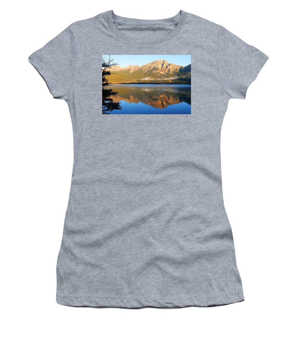 Pyramid Mountain Women's T-Shirt featuring the photograph Morning Mist on Pyramid Mountain by Larry Ricker