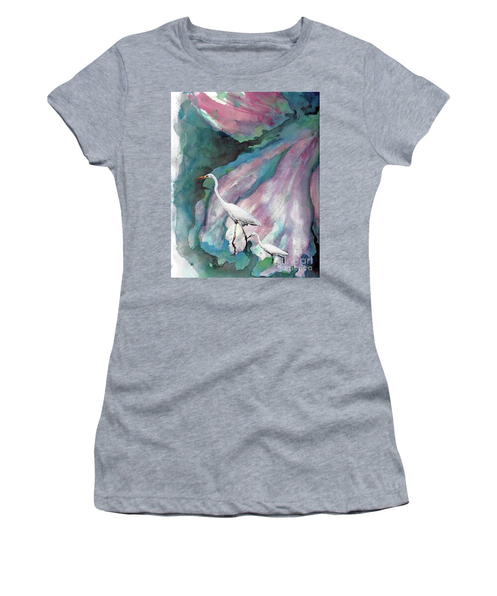 #creativemother Women's T-Shirt featuring the painting Mother and Child Egrets by Francelle Theriot