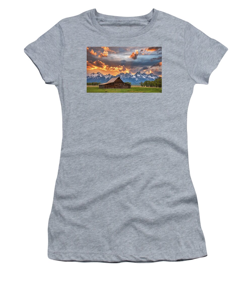 Moulton Barn Women's T-Shirt featuring the photograph Moulton Barn Sunset Fire by Darren White