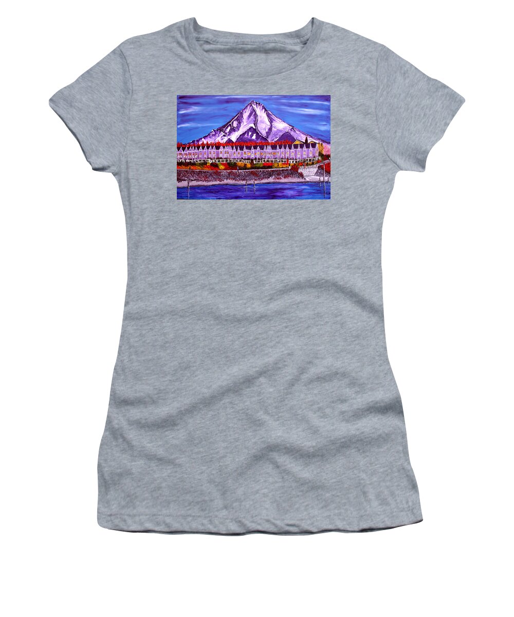 Women's T-Shirt featuring the painting Mount Hood Over The Columbia Shores Renaissance Trail by James Dunbar