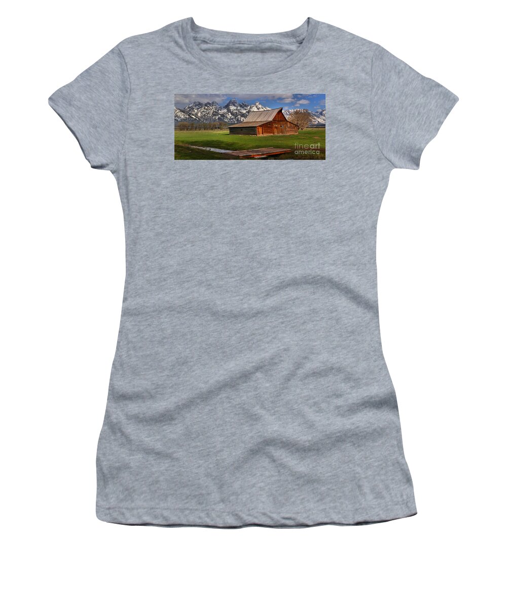 Mormon Row Panorama Women's T-Shirt featuring the photograph Mouoton Barn Footbridge Panorama by Adam Jewell