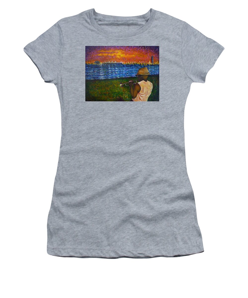 Music Man In The Lbc Women's T-Shirt featuring the painting Music Man in the LBC by Amelie Simmons
