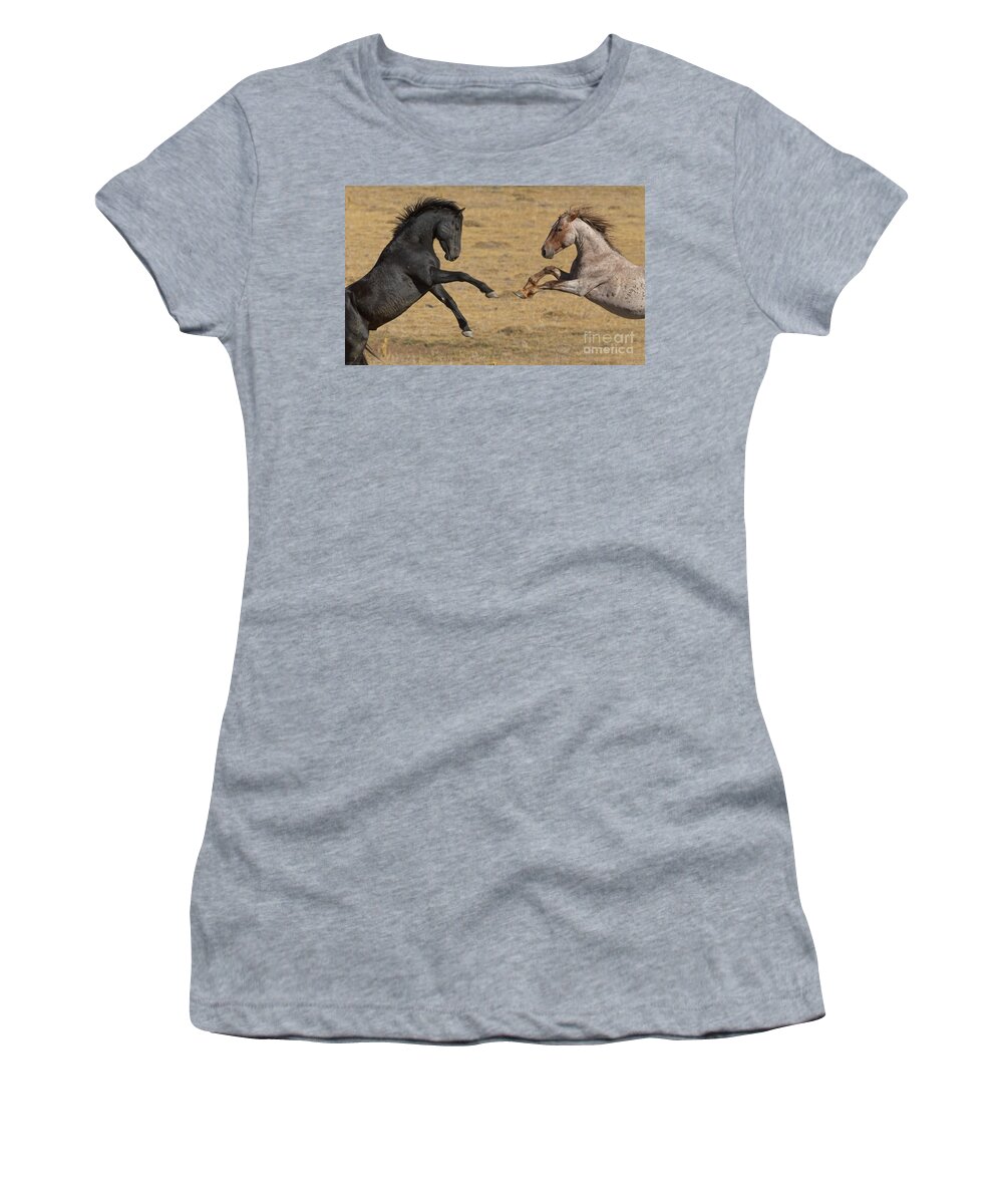 00537207 Women's T-Shirt featuring the photograph Mustang Stallions Playing by Yva Momatiuk John Eastcott