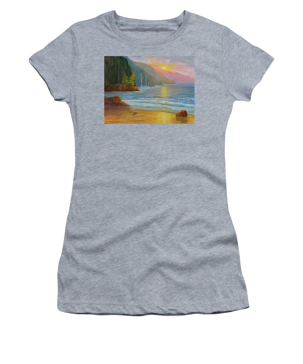 Landscape Seascape Birds Mountains Water Beach Sunrise Sunset Rocks Hawaii Women's T-Shirt featuring the painting My Happy Place by Scott W White