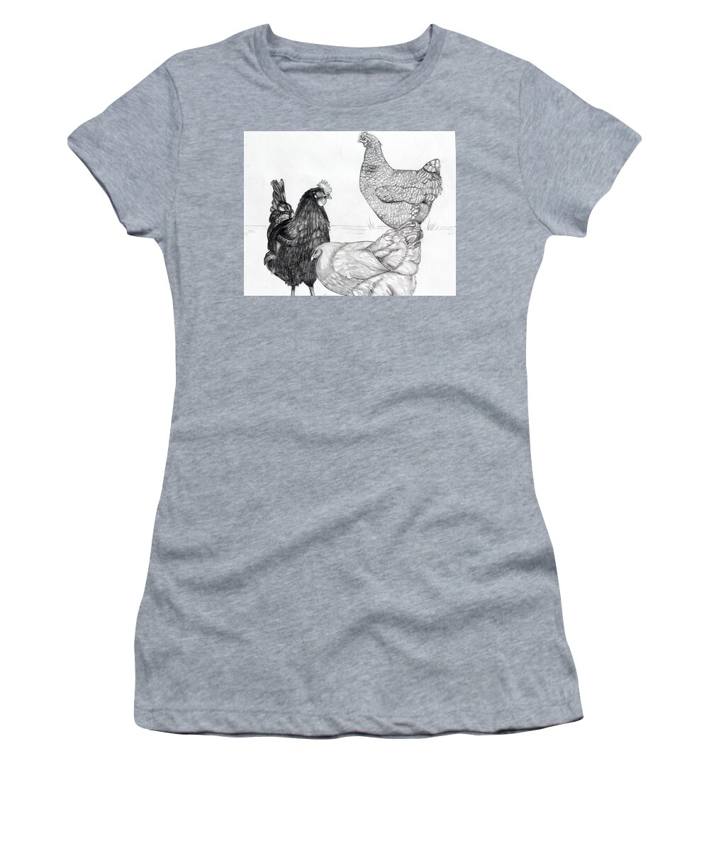 Chickens Women's T-Shirt featuring the drawing My Sister's Chickens Drawing by Kimberly Walker