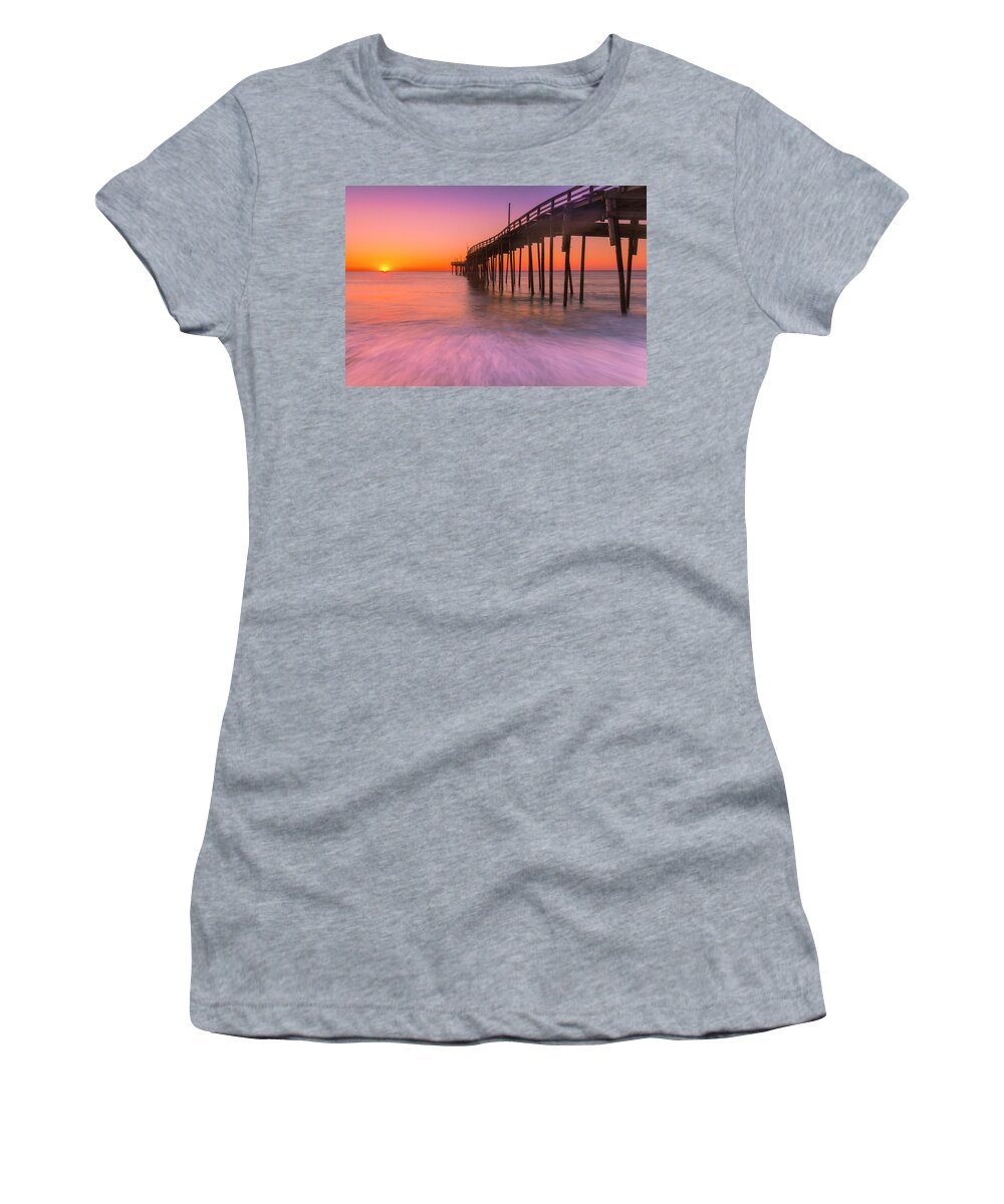Outer Banks Women's T-Shirt featuring the photograph Nags Head Avon Fishing Pier at Sunrise by Ranjay Mitra