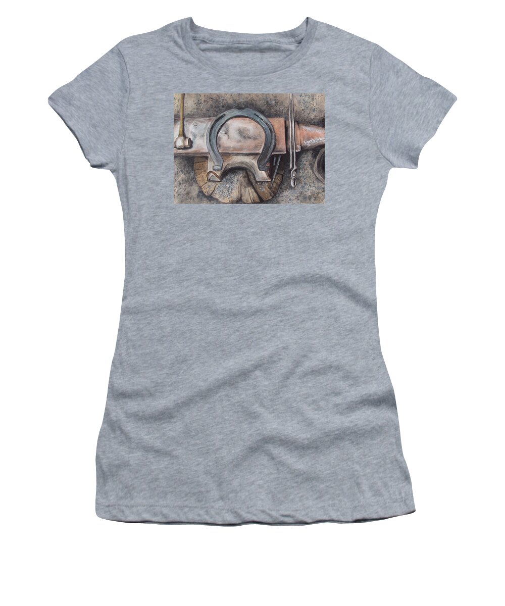 Horsehoe Women's T-Shirt featuring the painting Nail it Up by Kathy Laughlin