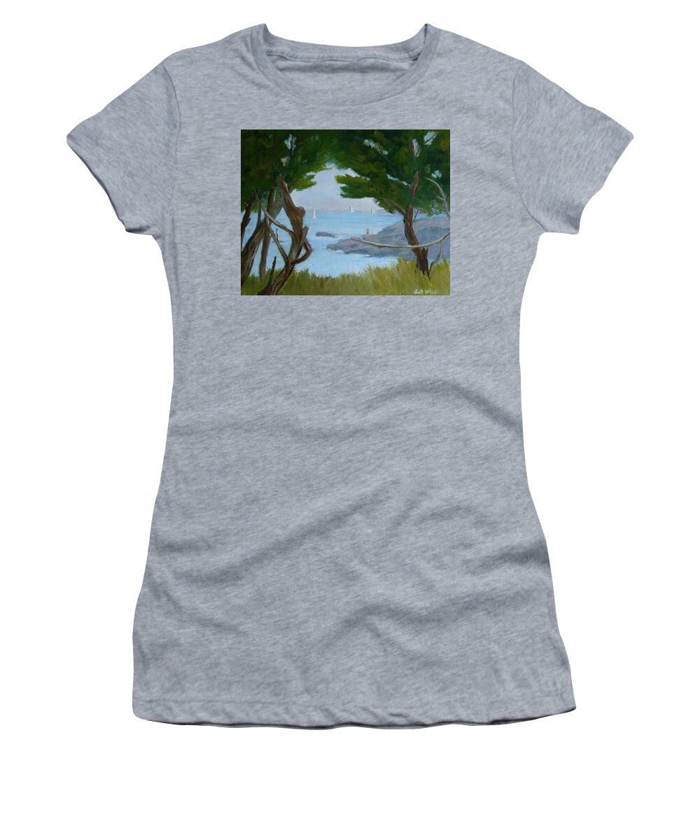 Ocean Seascape Landscape Sunlit Sailboats Women's T-Shirt featuring the painting Nature's View by Scott W White