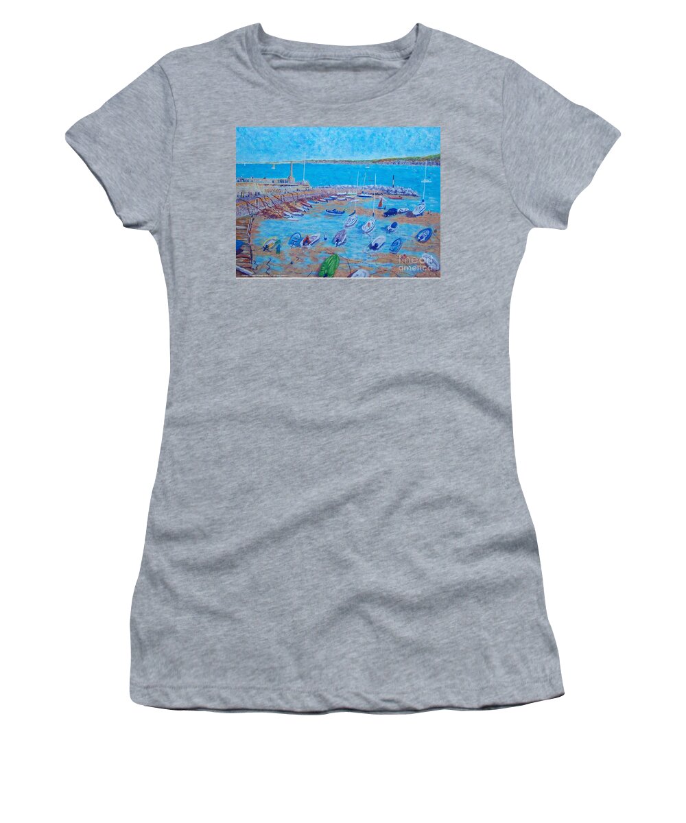 Painting New Quay Harbour Blue Boats Ceredigion Women's T-Shirt featuring the painting New Quay Harbour Blue Boats Ceredigion by Edward McNaught-Davis