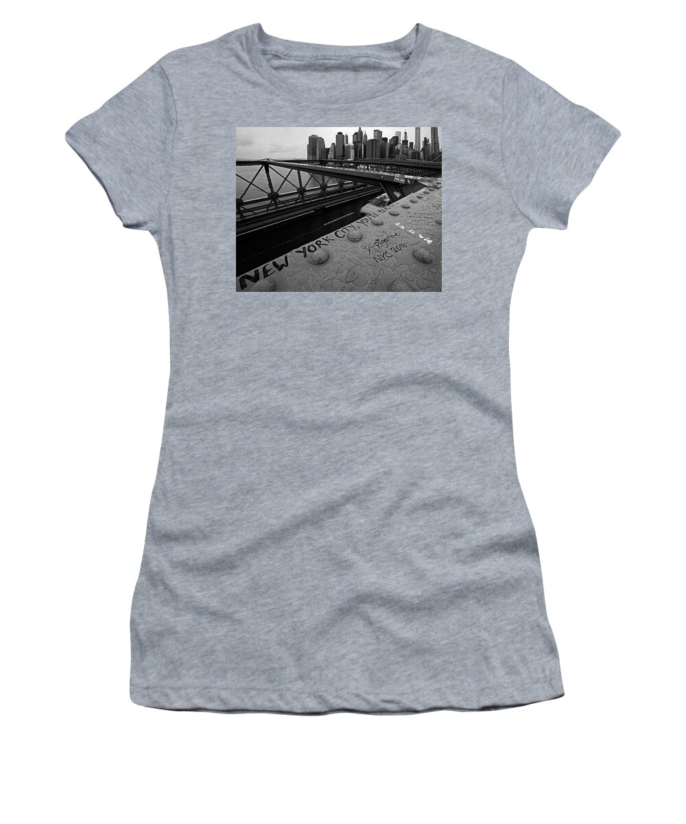 New York Women's T-Shirt featuring the photograph New York City You're Beautiful Brooklyn Bridge NY Black and White by Toby McGuire