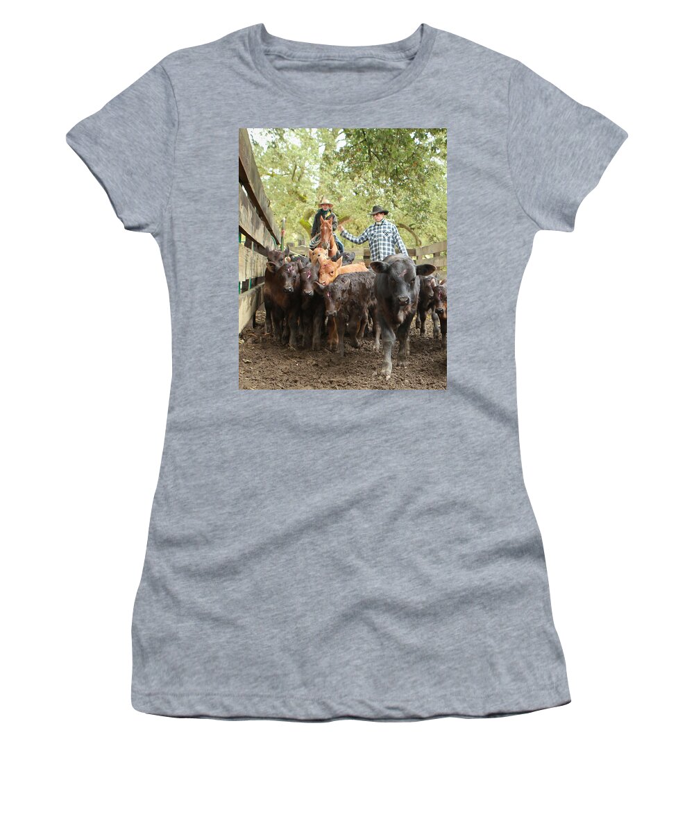 Cowboy Women's T-Shirt featuring the photograph Nick Pushin Calves by Diane Bohna
