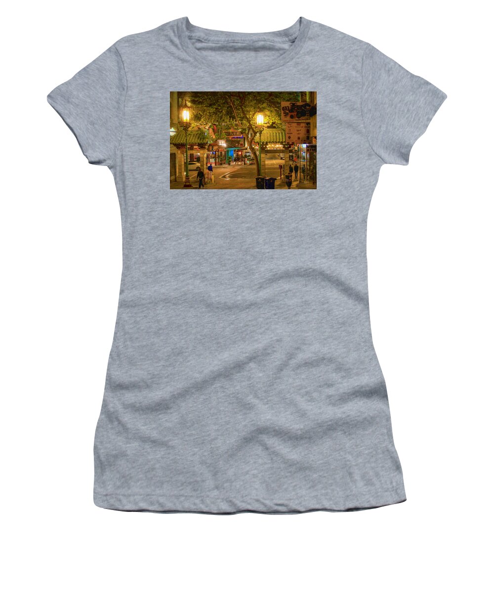 Bonnie Follett Women's T-Shirt featuring the photograph Night Scene Leaving Chinatown by Bonnie Follett