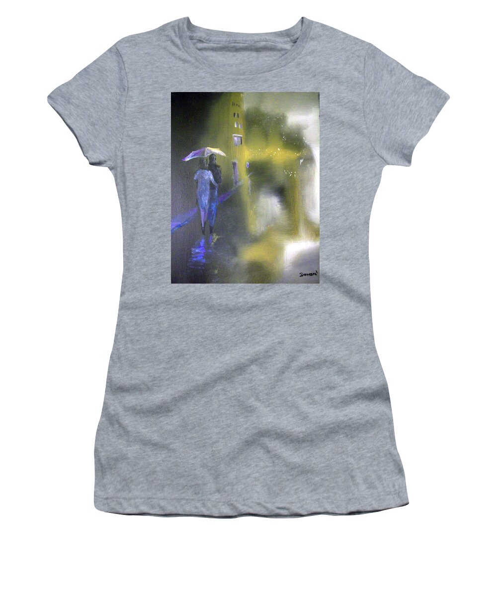 Art Women's T-Shirt featuring the painting Night Walk in the Rain by Raymond Doward