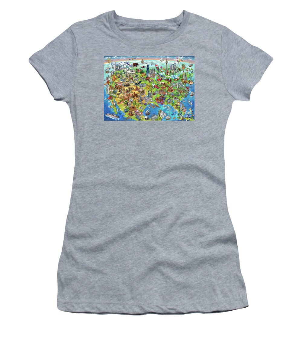 Los Angeles; Santa Barbara; Us; Usa; Maria Rabinky; Rabinky; New York; Illustrated Map; United States; Chicago; San Francisco; Pictorial Map; America; Colorful Map Of America Women's T-Shirt featuring the painting North America Wonders Map Illustration by Maria Rabinky