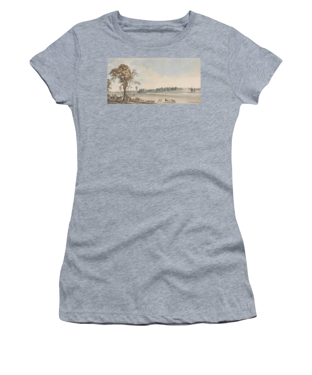 Paul Sandby Women's T-Shirt featuring the painting North West View of Wakefield Lodge in Whittlebury Forest, Northamptonshire by Paul Sandby