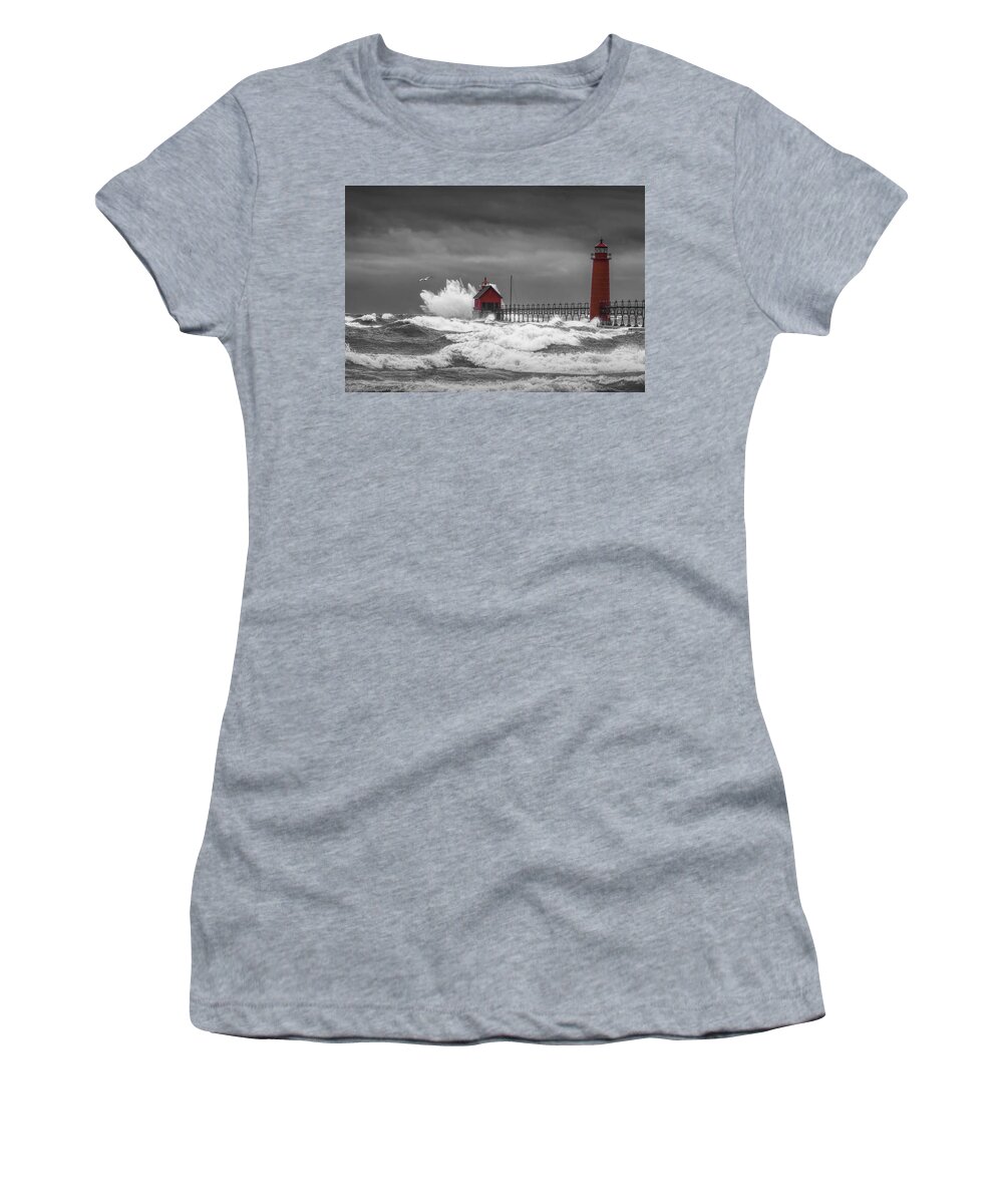 Lighthouse Women's T-Shirt featuring the photograph November Storm with Flying Gull by the Grand Haven Lighthouse by Randall Nyhof
