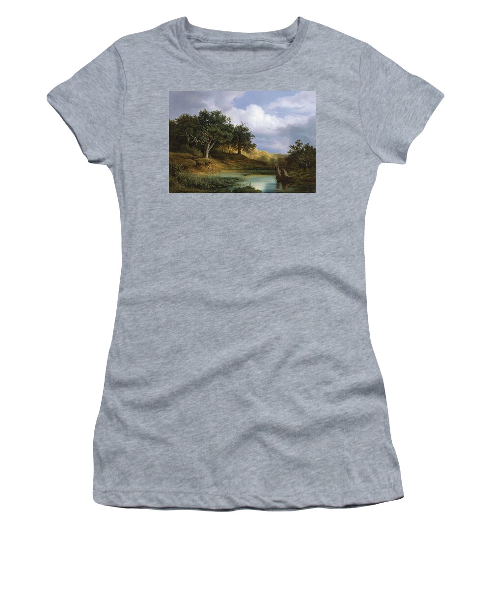 Nature Women's T-Shirt featuring the painting Oaks beside the Water 1832 by Christian E. B. Morgenstern by Christian E B Morgenstern