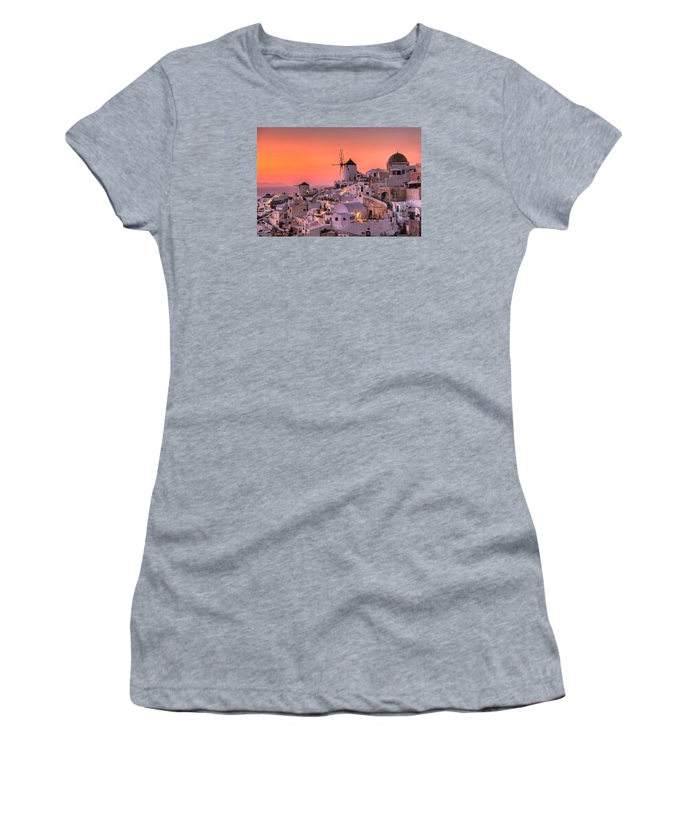 Aegean Women's T-Shirt featuring the photograph Oia Sunset in Santorini - Greece by Constantinos Iliopoulos