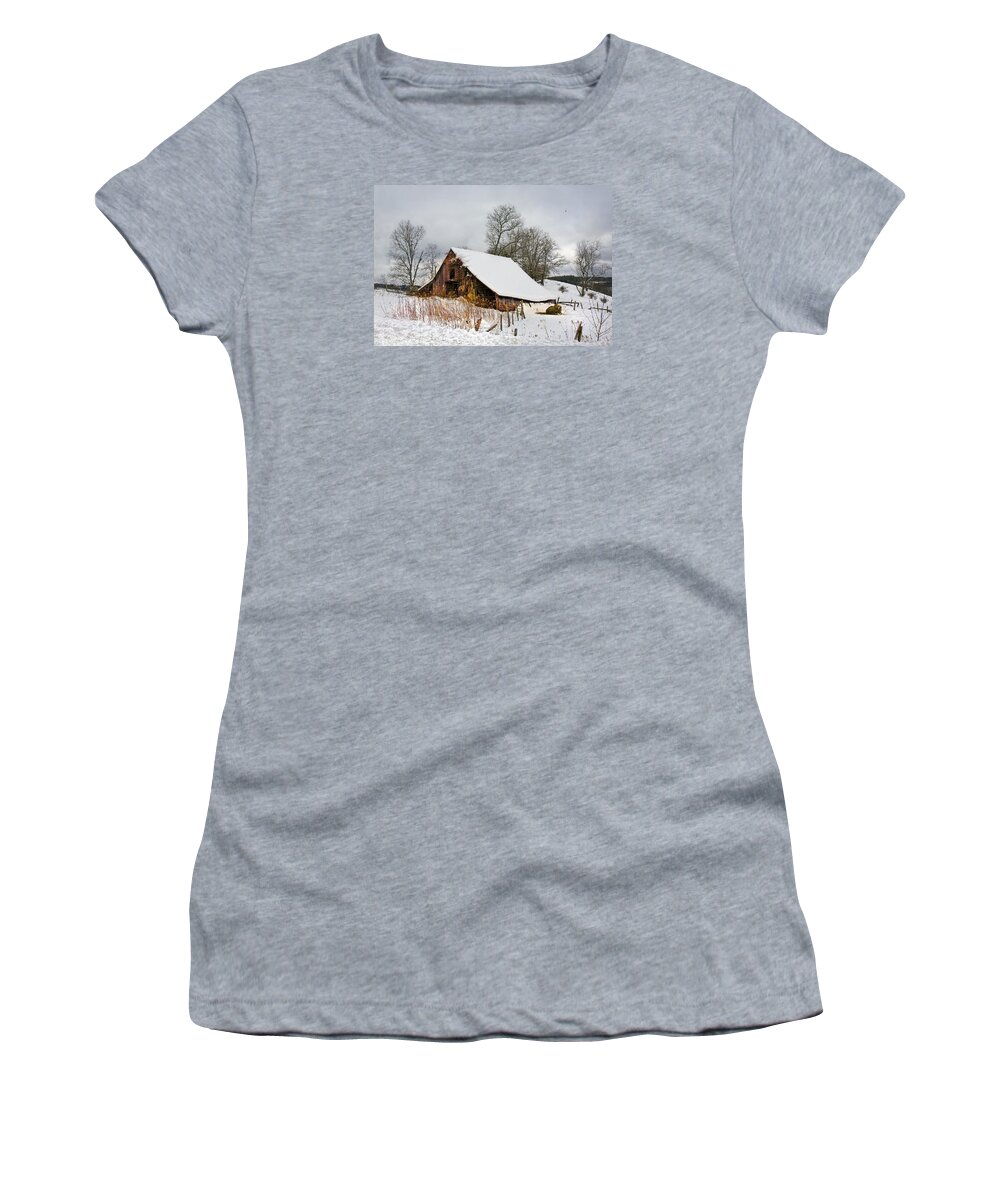 Old Barn In Snow Women's T-Shirt featuring the photograph Old Barn in Snow by Ken Barrett