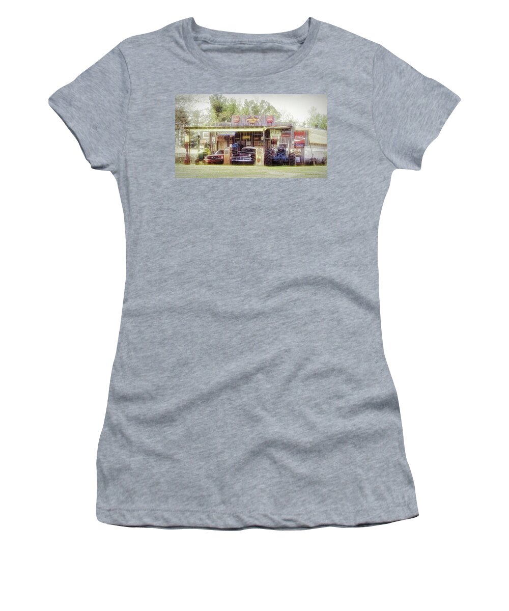 Old Store Women's T-Shirt featuring the digital art Old building with old Vehicles by Bonnie Willis