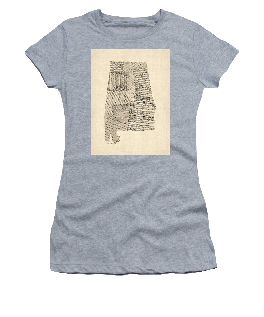 Alabama Women's T-Shirt featuring the digital art Old Sheet Music Map of Alabama by Michael Tompsett