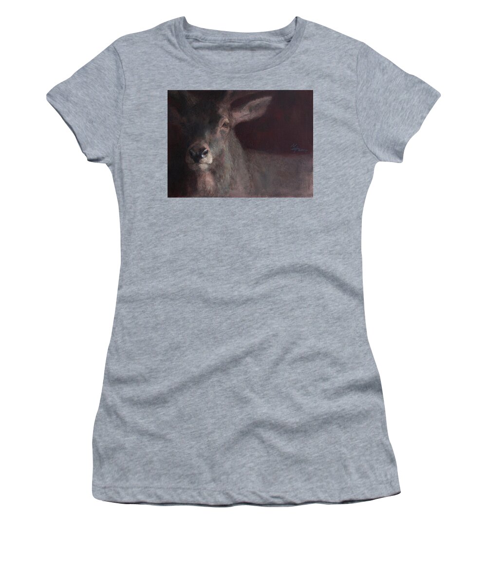 Deer Women's T-Shirt featuring the painting Old Stag by Attila Meszlenyi