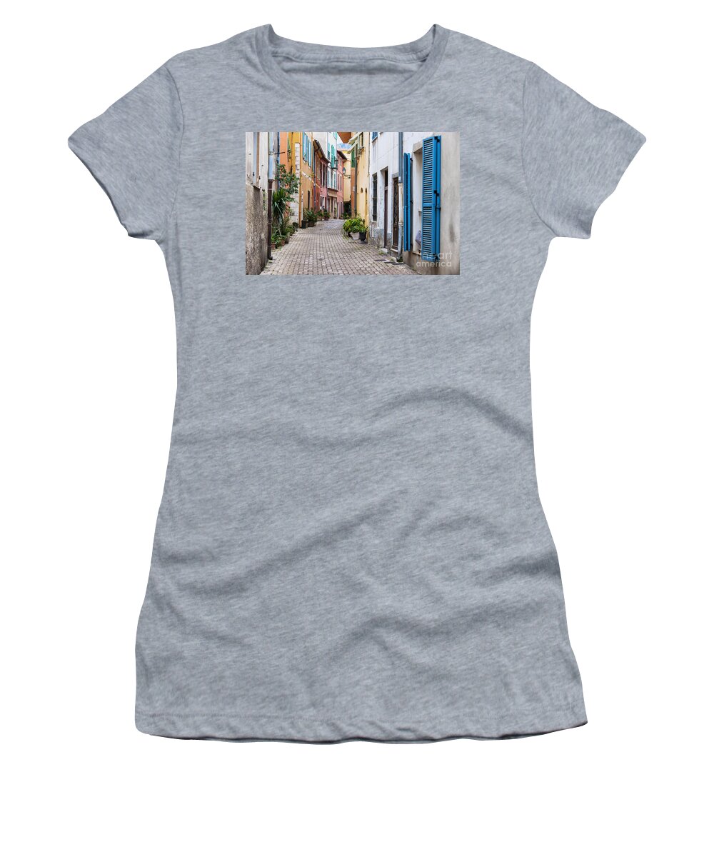 Villefranche-sur-mer Women's T-Shirt featuring the photograph Old town street in Villefranche-sur-Mer by Elena Elisseeva