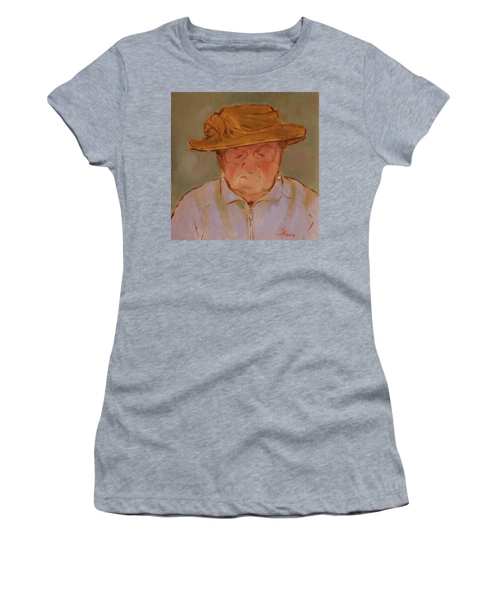 Portrait Women's T-Shirt featuring the painting Old Woman with Yellow Hat by Attila Meszlenyi