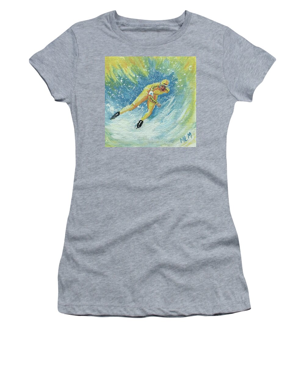 Yellow Women's T-Shirt featuring the painting Olympic Speed Skater by ML McCormick