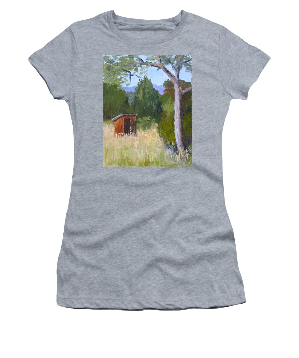 Outhouse Women's T-Shirt featuring the painting One Holer by Susan Woodward