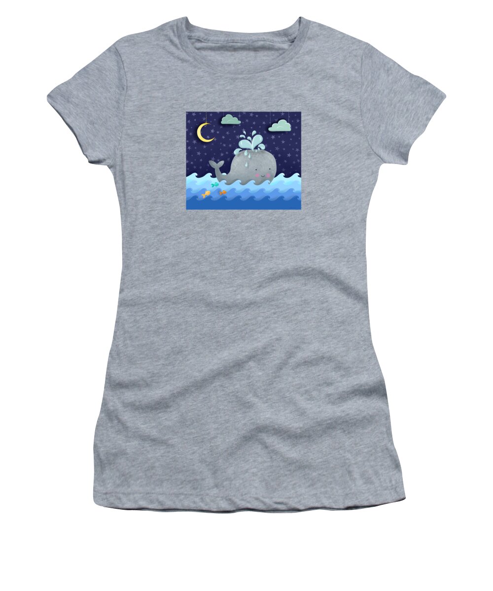 Whale Women's T-Shirt featuring the painting One Wonderful Whale With Fabulous Fishy Friends by Little Bunny Sunshine