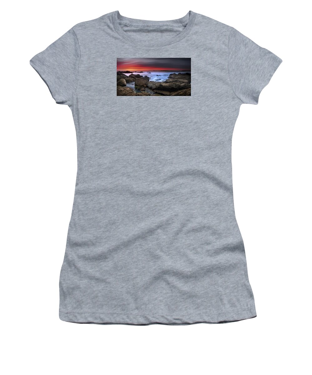 #rainbow #john #chivers #seascape #landscape #cornwall #rocks #rocky #colourful #interesting #beautiful #magical #fantastic #stunning #relaxing #sand #sea #waves #crashing #panoramic #long #red Women's T-Shirt featuring the photograph Opposites Attract by John Chivers
