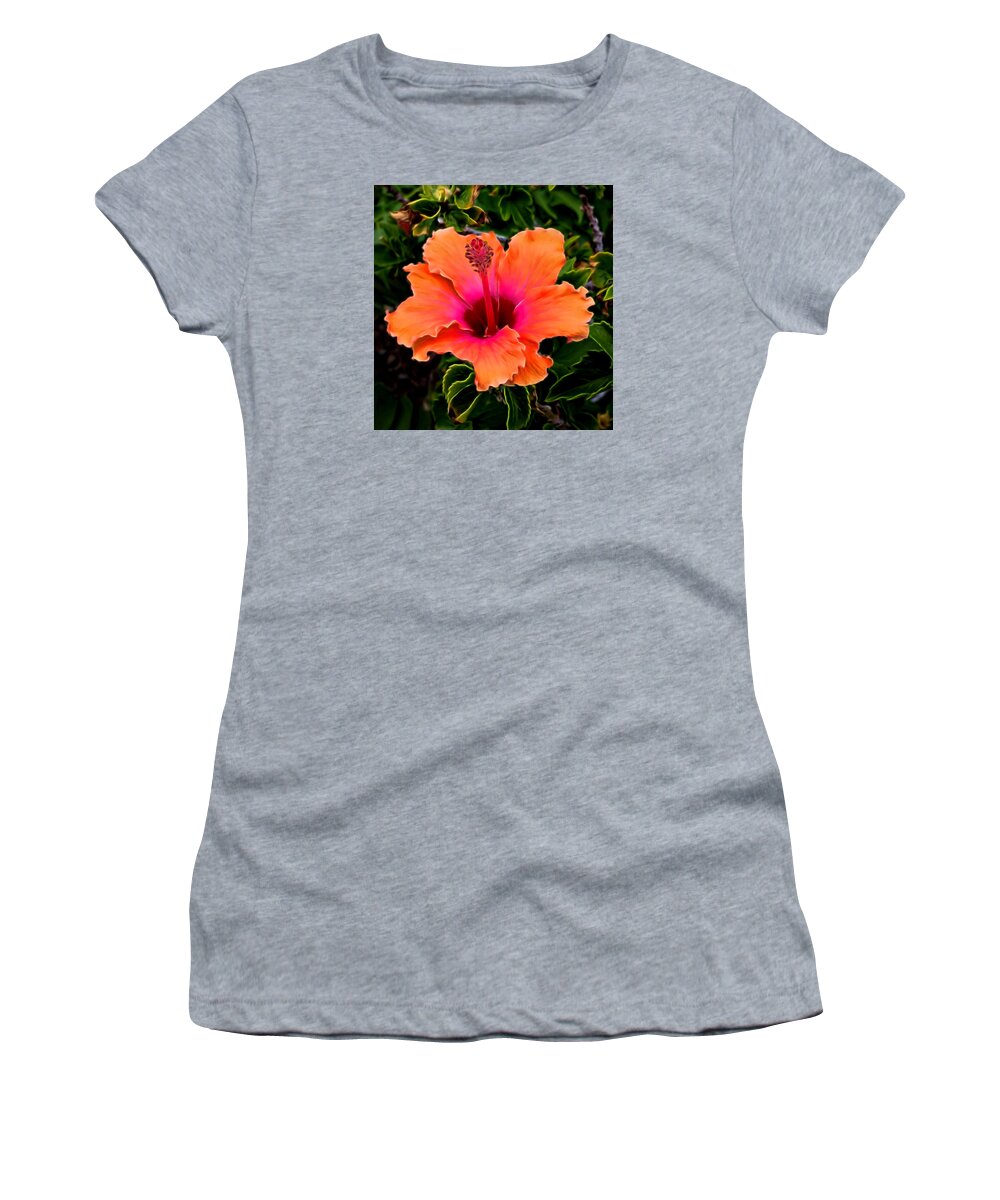 Pamela Walton Women's T-Shirt featuring the mixed media Orange and Pink Hibiscus 2 by Pamela Walton