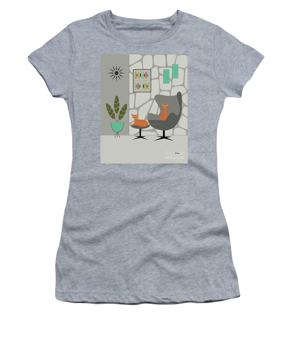 Mid Century Modern Women's T-Shirt featuring the digital art Orange Cat in Gray Stone Wall by Donna Mibus